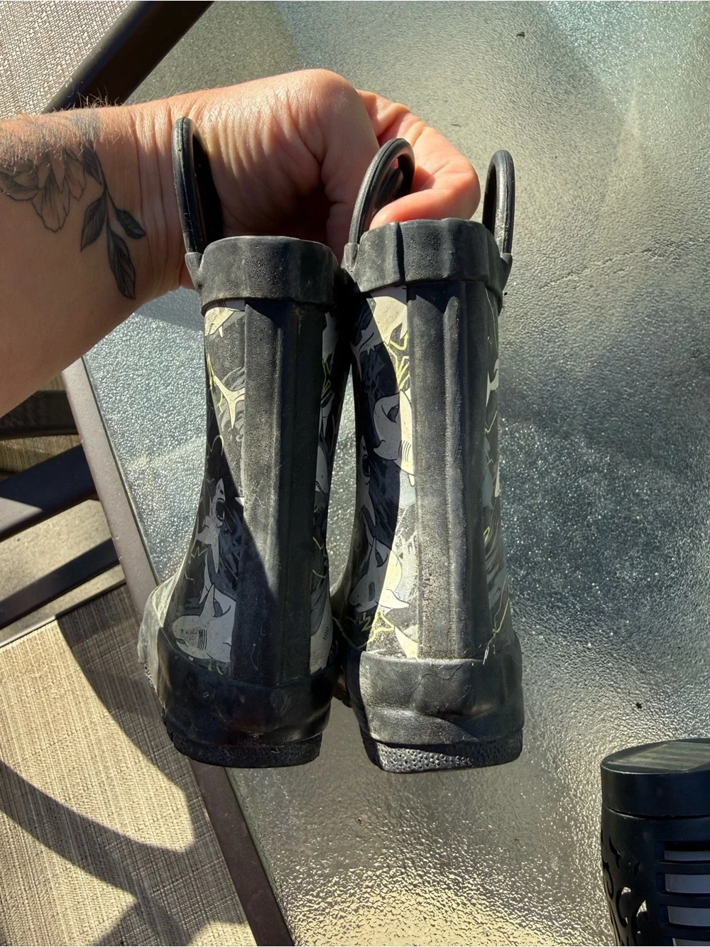 Kids Black Shark Print Rain Boots with Pull Handles